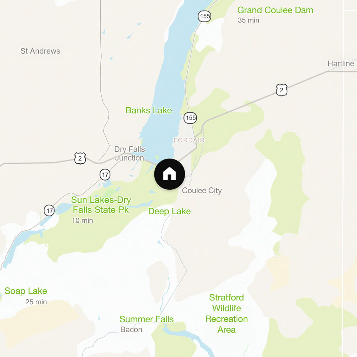 Map showing Sun Lake Retreat in Coulee City, Washington, near Banks Lake, Sun Lakes–Dry Falls State Park, Soap Lake and Grand Coulee Dam.